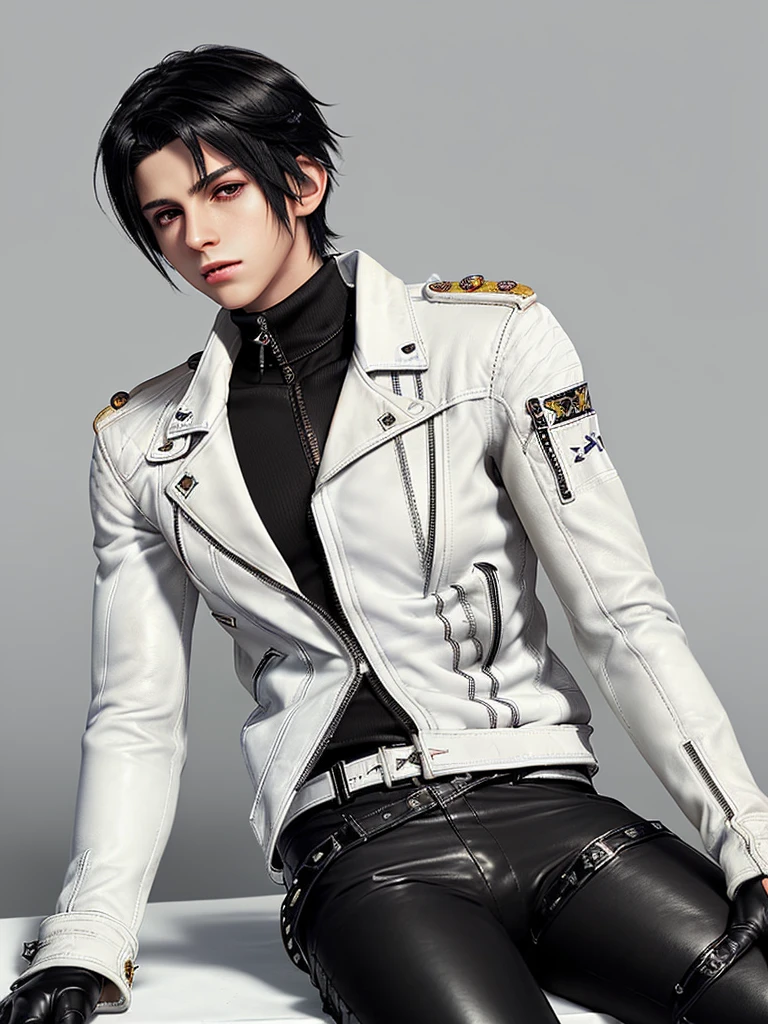 (Final fantasy taste and reality graphics), ((Japanese young cute and cool ikemen boy)),((1 boy)), his age is early 20s, thin eyebrows and beady eyes, ((((boy wearing off white color single-brest thick leather jacket, with epaulet)))), ((((jacket is long sleeve)))), ((((leather jacket close all zippers)))),,(((jacket collar is high length and stand-up with two belts))), (((also wearing black thick turtleneck polyester shirts))), (((((put on tight and black color leather long length pants))))), (((((put on tight and thin black leather glove,covered from full finger both hands))))), ((put black leather knee-high raceup boots)),(((show the whole body))), ,boy is black hair,