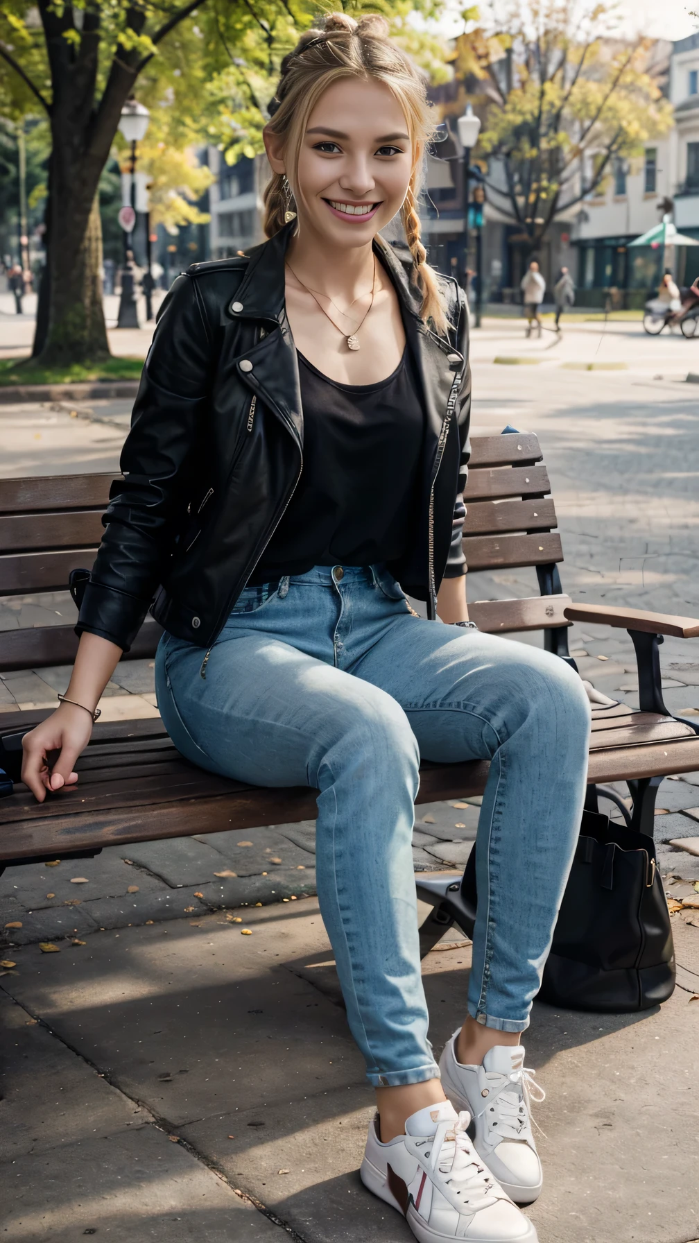 solve, 8k wallpaper, Beautiful Caucasian Woman、Full body photo、,sitting on a park bench、leather jacket、shirt、Skinny jeans、sneakers、、Necklace around the neck、 blonde 、Hairstyle braid、ear piercing、smile、Beautiful teeth alignment、
