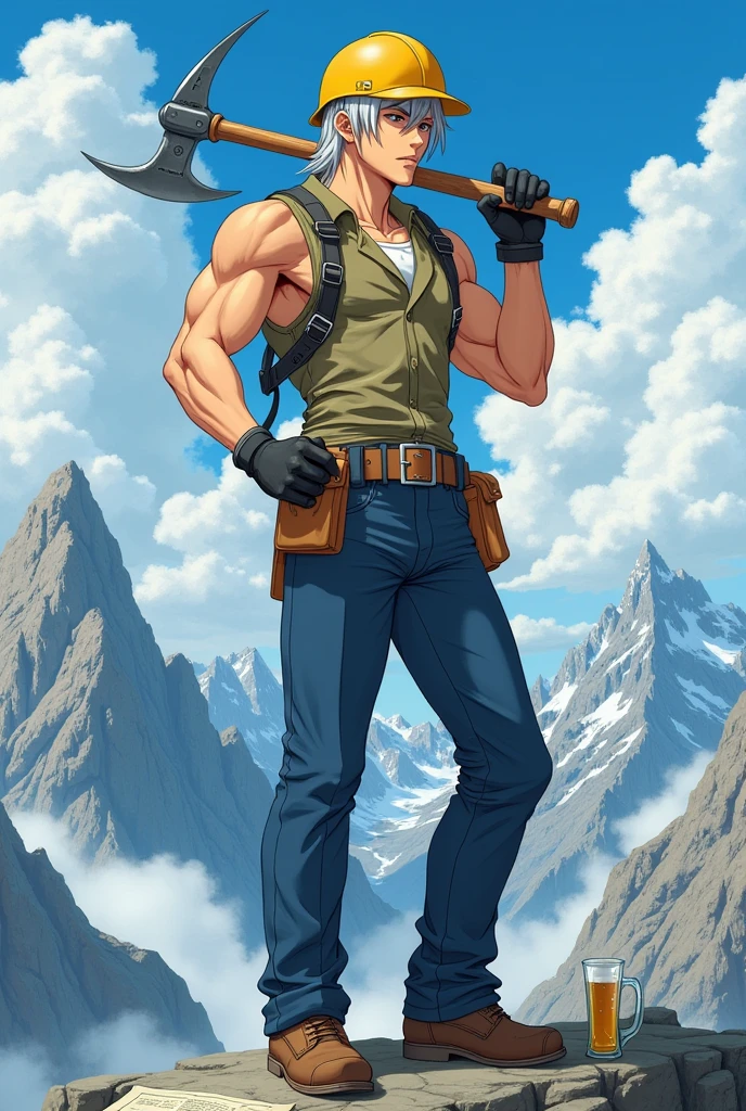 Fascinating anime-style illustrations。
A young Japanese man wearing a yellow helmet。Thick eyebrows。His face looks like a beautiful woman&#39;s。Silver hair that reaches down to the shoulders。The arm muscles are amazing。Wearing a khaki vest。Wearing navy blue trousers。My groin is bulging。Hands holding pickaxe on shoulder。He is about to drink beer from the mug he is holding in his other hand。I&#39;m on a rock。
Behind it are high mountains and plateaus.。Blue sky。Clear air。A space caterpillar is seen on a high mountain.。
At your feet「Additional tax」There is a document lying around that says。