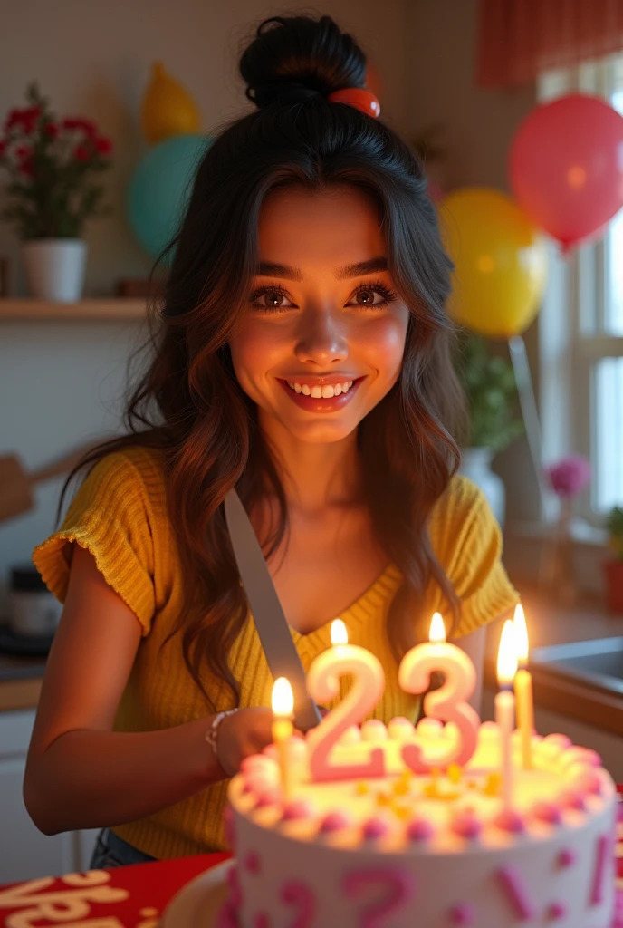 23 year old Girl celebrating birthday, cutting cake, seeing to viewers
