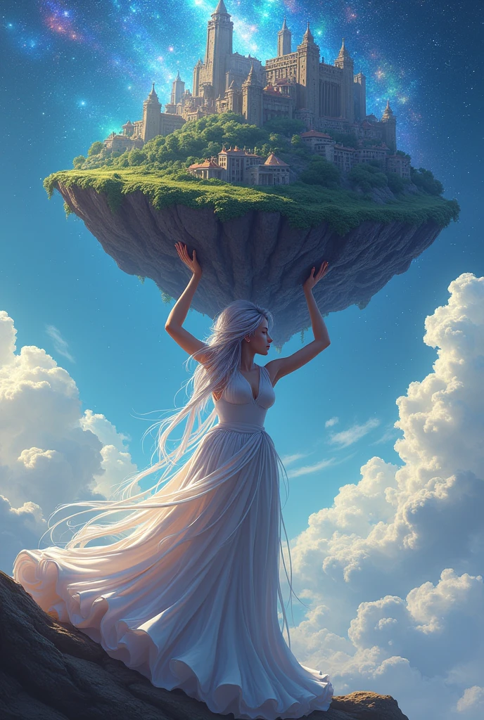 Side view of a goddess with galaxy hair holding up an island with her hands