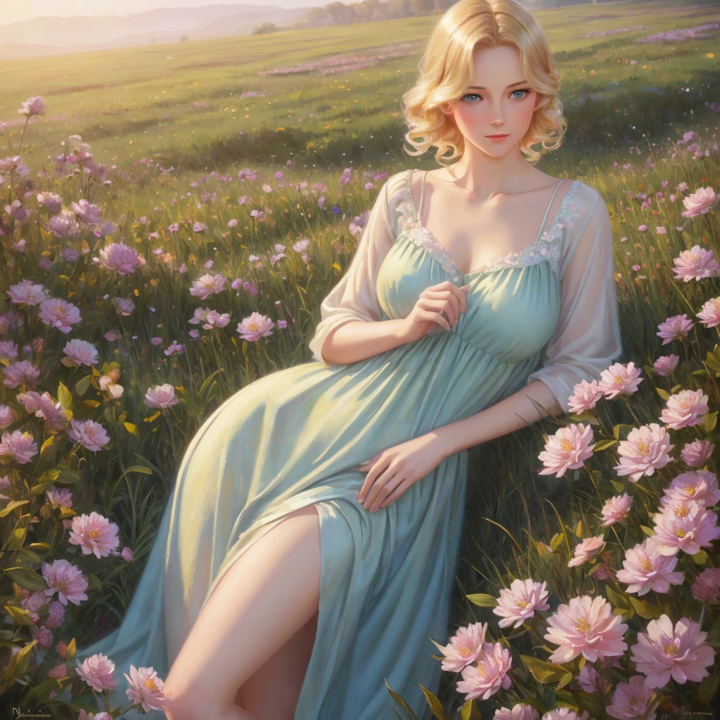 girl, 3個girl, blond, Green eyes, 1930s style, high quality, full-body shot, , Big breasts, Long legs and height 170 , silk pajamas, Standing on the grassland, blue sky flowers, delicate eyes, Delicate lips, Extremely detailed face, long eyelashes, Elegant, beautiful, beauty, charming, Exquisite, oil painting, Digital painting, Realism, 8k, best quality, masterpiece, HDR, bright colors, movie lighting, Soft Focus, warm colors, dream, romantic, femininity