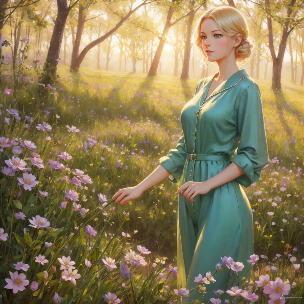 girl, 3個girl, blond, Green eyes, 1930s style, high quality, full-body shot, 17 years old, Big breasts, Long legs and height 170 , silk pajamas, Standing on the grassland, blue sky flowers, delicate eyes, Delicate lips, Extremely detailed face, long eyelashes, Elegant, beautiful, beauty, charming, Exquisite, oil painting, Digital painting, Realism, 8k, best quality, masterpiece, HDR, bright colors, movie lighting, Soft Focus, warm colors, dream, romantic, femininity