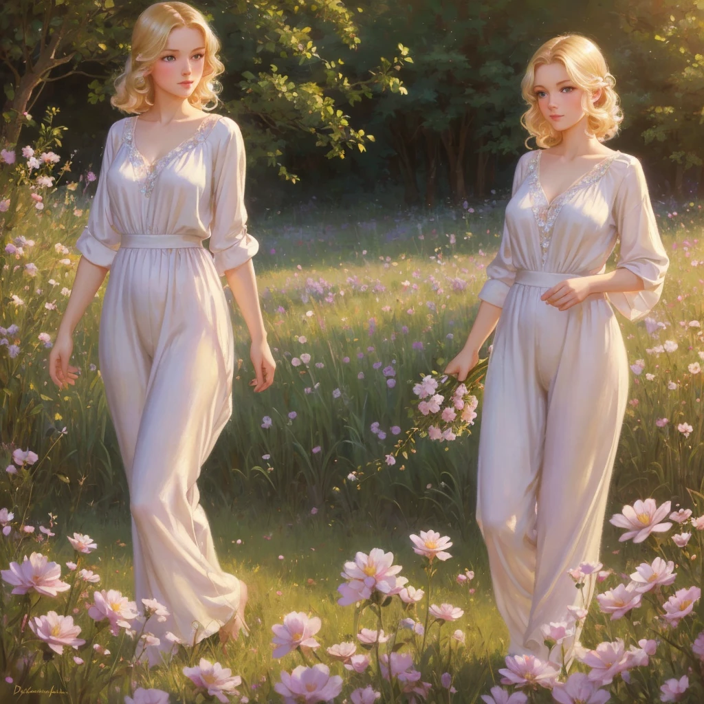 girl, 3個girl, blond, Green eyes, 1930s style, high quality, full-body shot, 17 years old, Big breasts, Long legs and height 170 , silk pajamas, Standing on the grassland, blue sky flowers, delicate eyes, Delicate lips, Extremely detailed face, long eyelashes, Elegant, beautiful, beauty, charming, Exquisite, oil painting, Digital painting, Realism, 8k, best quality, masterpiece, HDR, bright colors, movie lighting, Soft Focus, warm colors, dream, romantic, femininity