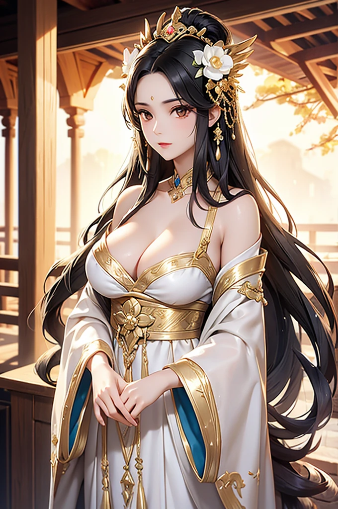 Black Hair, Immortal, Beauty, Royal sister, Stepmother, White and gold robe robe, Golden Phoenix Coronet, Hair Bunch, Beautiful Breasts , Mature Woman,Sunshine