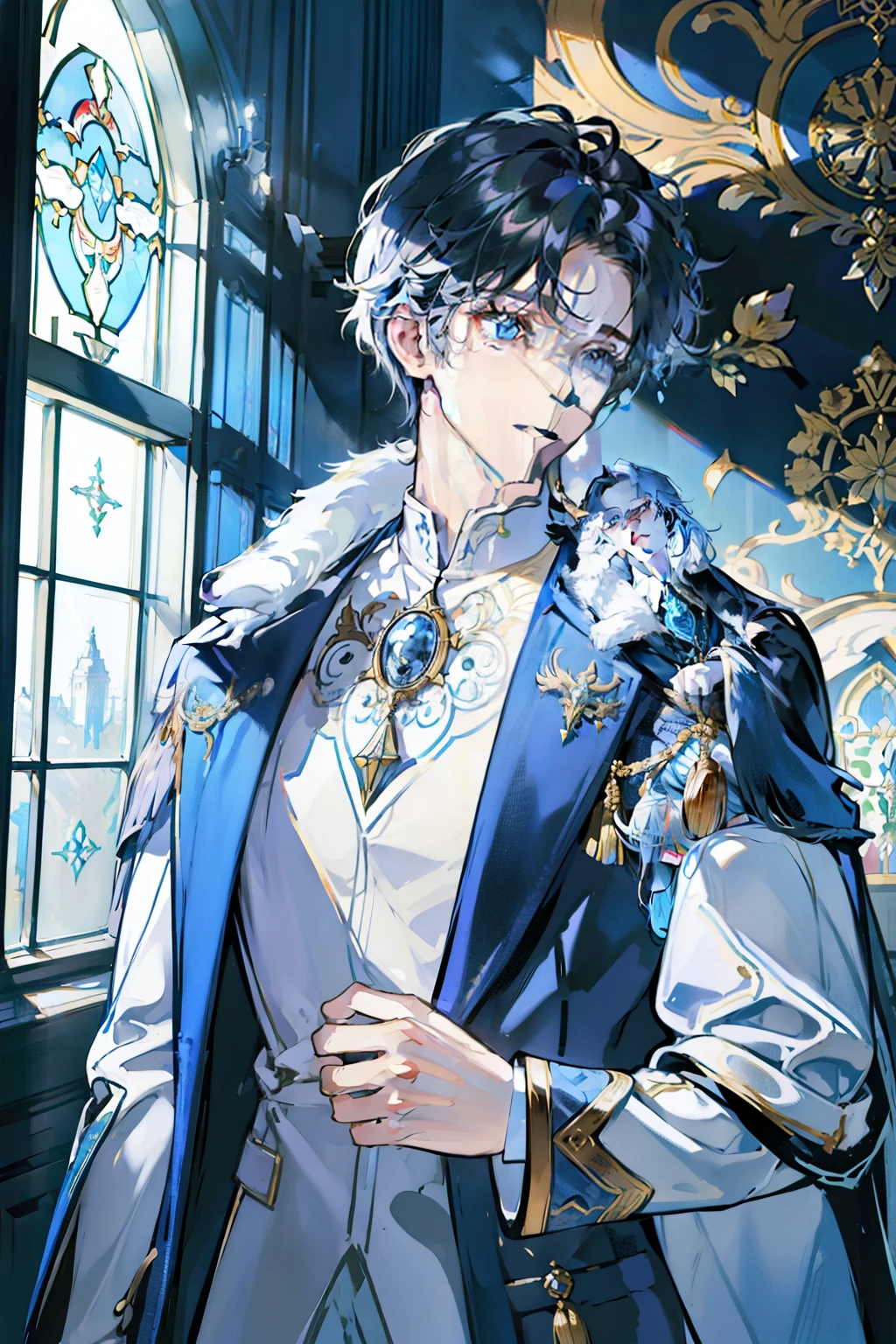Luxurious room Everything around is richly decorated, Tapestries of blue and white colors hang on the walls, In the center is the coat of arms from a unicorn, rearing up. There are stained-glass windows on the windows and beautiful images. A solemn and majestic atmosphere, luxury, wealth, grandeur, power