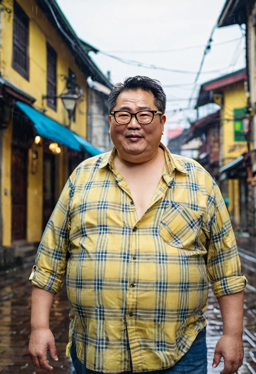 Man, Asian, 50 years old, Fat, Chubby, wearing glasses,( Put on a thin, light yellow plaid shirt, Unbutton the shirt ), Shirtless, wearing Jeans, in the old town, Wet, Raining, ( Top view ), beautiful lighting.