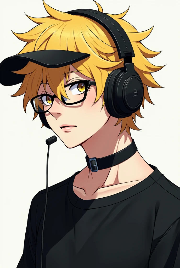Anime male character messy fluffy blonde yellow hair,black headphones,black cap,black glasses,black shirt ,