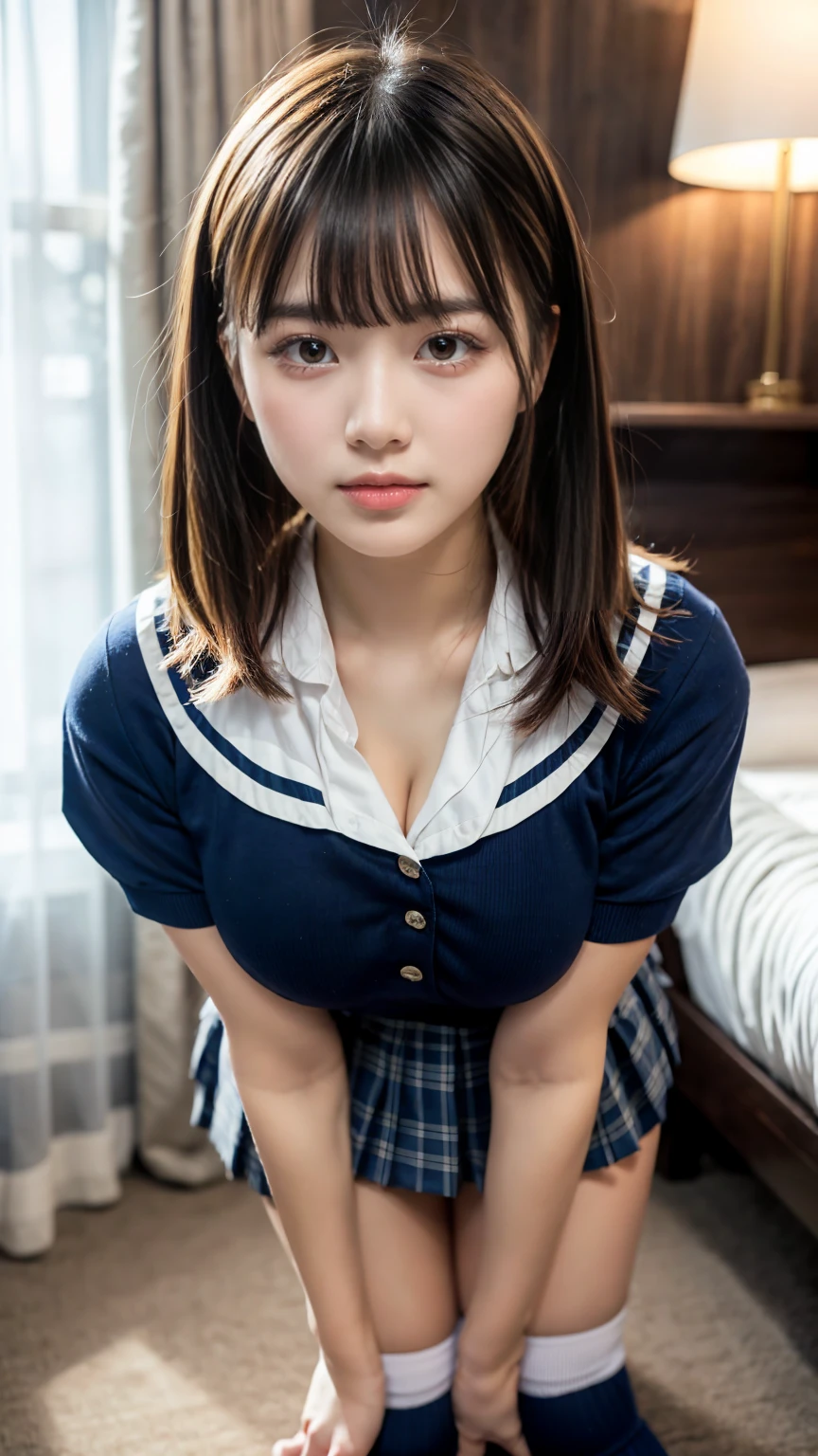 masterpiece, Best Quality, 8K, 20 yo, huge breasts, cuddly, Solo, sad, Cute, Girly, Delicate girl, Neat and clean beauty,  Raw photo, Professional Photography, Portrait, Soft light, Professional Lighting, Back lighting, Upper body, front view, (on all fours, hotel room), Sophisticated, Film grain, (Eyes and faces with detailed:1.0), short length floating hair, beautiful flowing hair, bangs, High school girl uniform、Super Short Check Uniform Skirt、Navy blue high socks, Colossal tits、Don't expose it, expresses the roundness and softness of your chest., Protruding big, Erotic shorts, Standing Elegantly、beautiful thick legs