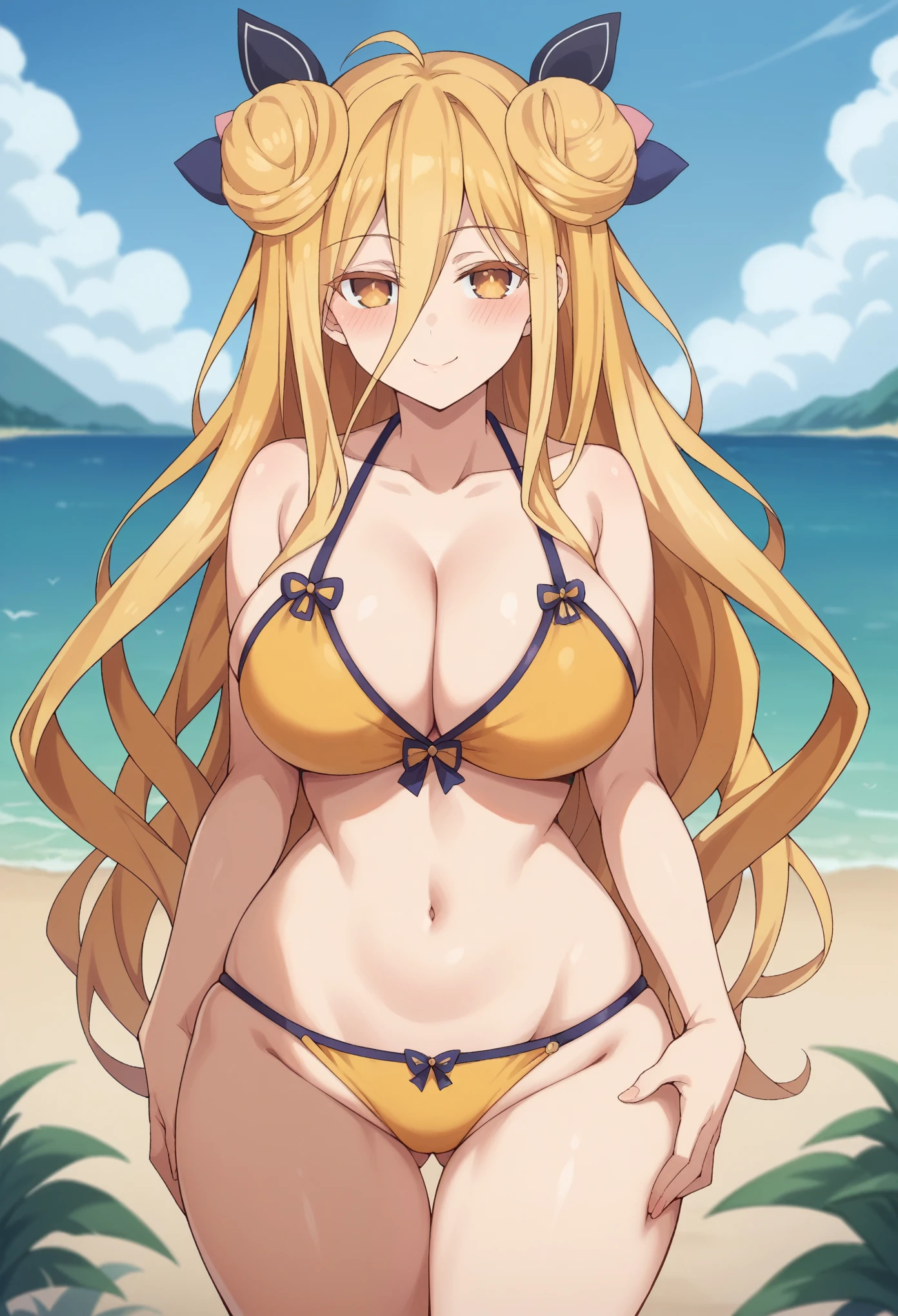 Score_9, Score_8_up, Score_7_up, ASCII masterpiece, source_anime, BREAK, 1girl, solo, mukurohoshimiya, mukurohoshimiya, long hair, blonde hair, hair between eyes, yellow eyes, double bun, blushing, thin waist, wide hips, beautiful eyes, big breasts, thick thighs, alone, looking at viewer, blush, big breasts, navel, closed mouth, collarbone, side locks, standing, outdoors , beach, swimsuit, yellow bikini, panties, cleavage, panties, big breasts, thick ass, from behind, big ass, naughty face, seductive smile, happy, from behind, big ass, open ass, grabbing one's own ass, masterpiece, best quality, highly detailed hair, extremely detailed, shiny hair, tousled hair,