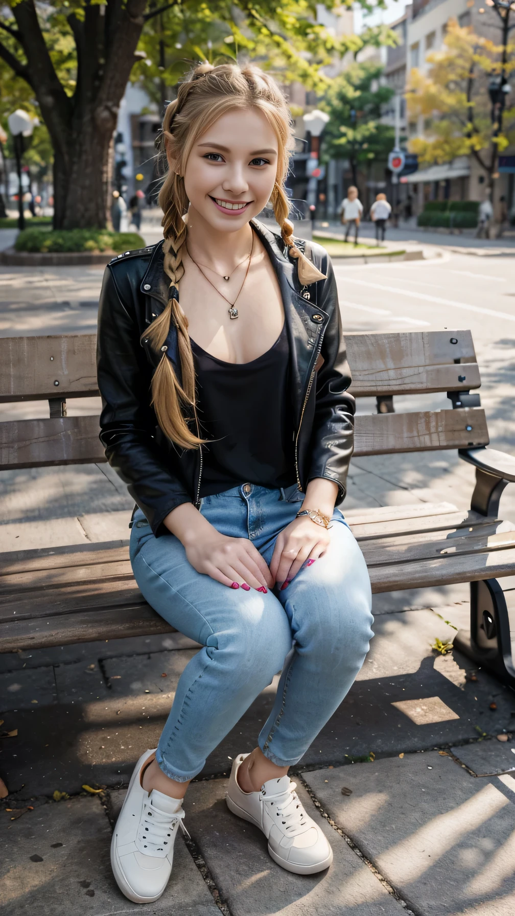 8k wallpaper, Beautiful Caucasian Woman、Full body photo、,sitting on a park bench、leather jacket、shirt、Skinny jeans、sneakers、、Necklace around the neck、 blonde 、Hairstyle braid、ear piercing、smile、Beautiful teeth alignment、