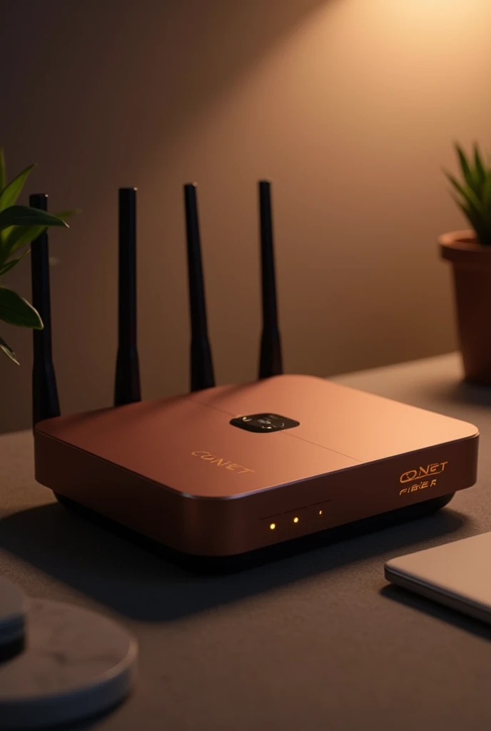 MODERN MAHOGANY BROWN COLOR ROUTER WITH A WRITING THAT SAYS CONET FIBER WITH A SINGLE BLACK BUTTON AND 3 LIGHT YELLOW LIGHTS THAT REPRESENT THAT IT IS ON