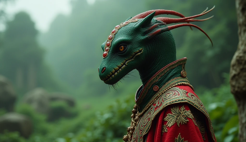 Bangladesh as a bengali League of Legend creature in dark green and red colors. Intricated clothing. Cinematic Fantasy sci-fi landscape background