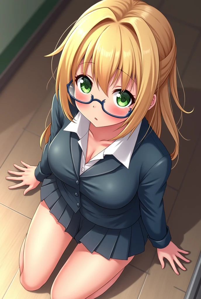 (POV from above), (Best quality: 1.5), (masterpiece: 1.5), (2.5D), (good definition), (detailed face), (well-drawn face), (excellent drawing), (vivid colors) , (exaggerated proportions), (hentai), (perfect anatomy), (character in the center), (absurd), (4k wallpaper), (detailed eyes), (perfect hands), (perfect fingers), (skin beautiful), (glowing skin), (perfect shadows), (perfect lighting), (full body), (beautiful eyes), (masterpiece), (voluptuous body), (pretty face), young woman, seductive woman, young face, young woman, blonde hair with a low and slightly disheveled ponytail, green eyes, wears glasses, wears a student uniform, very surprised and blushing expression, has a white cloth in her hand, huge breasts, huge thighs, huge butt, body voluptuous, good proportions, she is crouched on the floor of a school, an older and robust man is behind her and spanks the woman on the butt