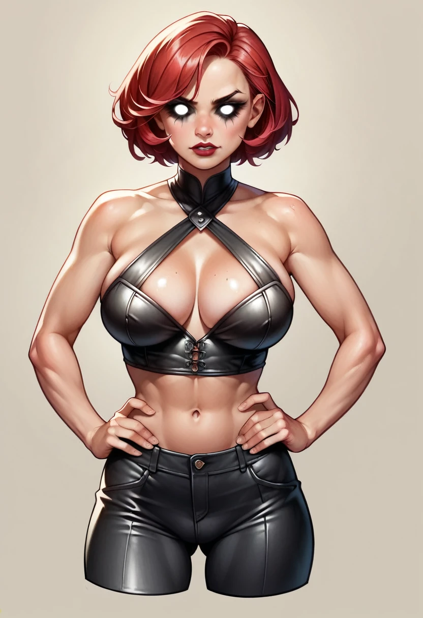 (high-level image quality), (high quality), (high resolution), (detailed), (masterpiece), beautiful woman, ((caucasian)), red hair, short hair, dark red lipstick, busty, slender body, Detailed eyes, perfect eyes, Detailed face, leather pants, cropped, fierce stare