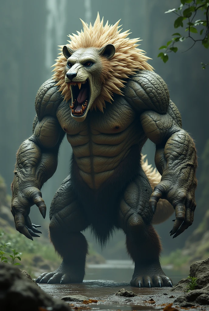 This majestic creature has the head of a crocodile, adorned with an imposing lion&#39;s mane, and a robust body that mixes the scaly texture of the crocodile with the powerful musculature of a bear.. He has four arms like a gorilla.
