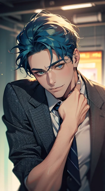 (Highest quality,4K,8K,High resolution,masterpiece:1.2),Super detailed,(Realistic,photoRealistic,photo-Realistic:1.37),1 person,34 years old,Mature Men,Beautiful skin、very handsome,Expressionless smile in love,Short blue hair,green eyes,Sharp Eyes,A perfect face without a doubt,Businessman, CEO, Office Background,Cinema Lighting,HDR image,tie、