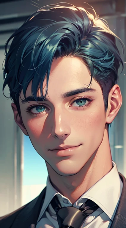 (Highest quality,4K,8K,High resolution,masterpiece:1.2),Super detailed,(Realistic,photoRealistic,photo-Realistic:1.37),1 person,34 years old,Mature Men,Beautiful skin、very handsome,Expressionless smile in love,Short blue hair,green eyes,Sharp Eyes,A perfect face without a doubt,Businessman, CEO, Office Background,Cinema Lighting,HDR image,tie、