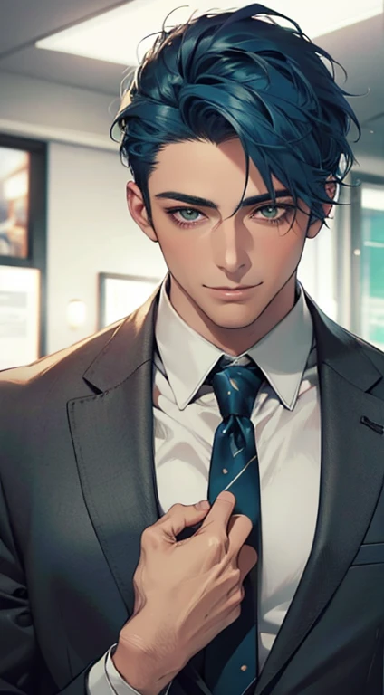 (Highest quality,4K,8K,High resolution,masterpiece:1.2),Super detailed,(Realistic,photoRealistic,photo-Realistic:1.37),1 person,34 years old,Mature Men,Beautiful skin、very handsome,Expressionless smile in love,Short blue hair,green eyes,Sharp Eyes,A perfect face without a doubt,Businessman, CEO, Office Background,Cinema Lighting,HDR image,tie、