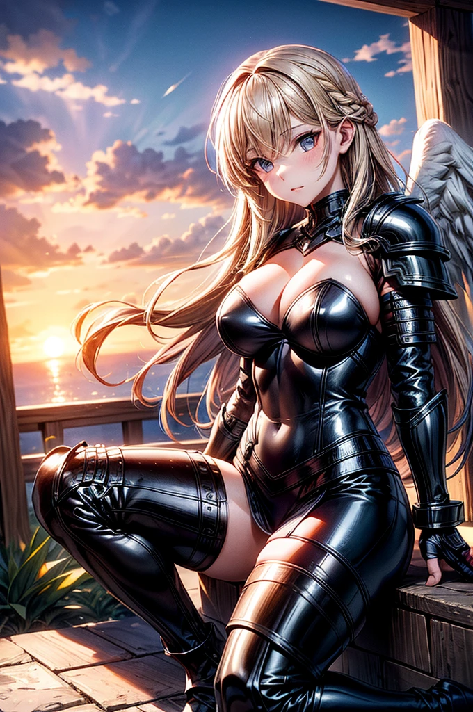 female archangel prepared for battle, an extremally beautiful warrior valkyre, ultra feminine, long hair, dark blonde hair, braided hair, wearing divine heavy armor, long leather boots, cleavage, big breasts, hiding hands, hands behind her back, (white armor: 1.2), full plate armor, (angel wings: 1.2) spread, angel wings on both sides of her back, posing for a picture, full body, floating mid-air, sunset, 16k, RAW, ultra wide shot, photorealism, depth of field, hyper realistic, 2.5 rendering, ray tracing