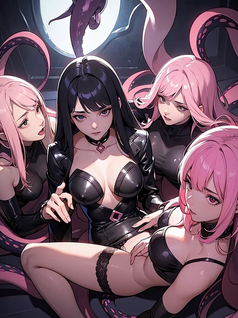(superflat, masterpiece, flat shading), ((3 females)), Cinematic shot of lesbian sex orgy where multiple females penetrated by tentacles, (((4 girls and females))), ((tentacles on necks )), (big breasts), many tentacles, hands in panties, perfect bodies, (attacked by tentacles), sexy black underwear,, shy, (tentacles around), high contrast light on body, face in shadow, perfect composition, highly detailed, pink tentacles