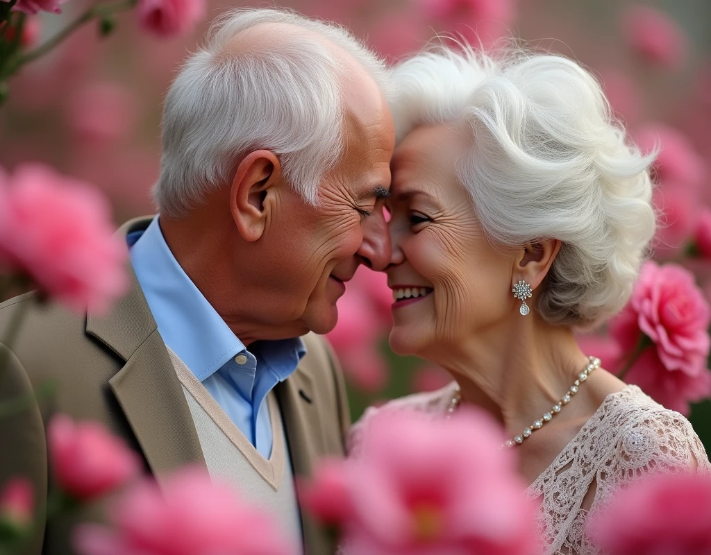 (Absurd,Ultra-high resolution,Very detailed),(Pink and white),old couple,Bust photo,Surrounded by flowers,Blurred flower background,(Blurred:1.3,Soft lighting:1.4,Cinematic Light:1.4)