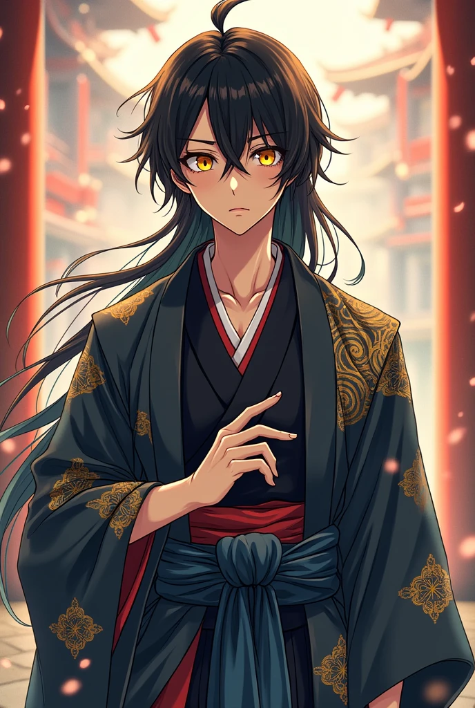 Anime boy with 174 cm height,yellow light eyes black long touching shoulder in Japanese clothing from the Edo period Mixing new era clothes
