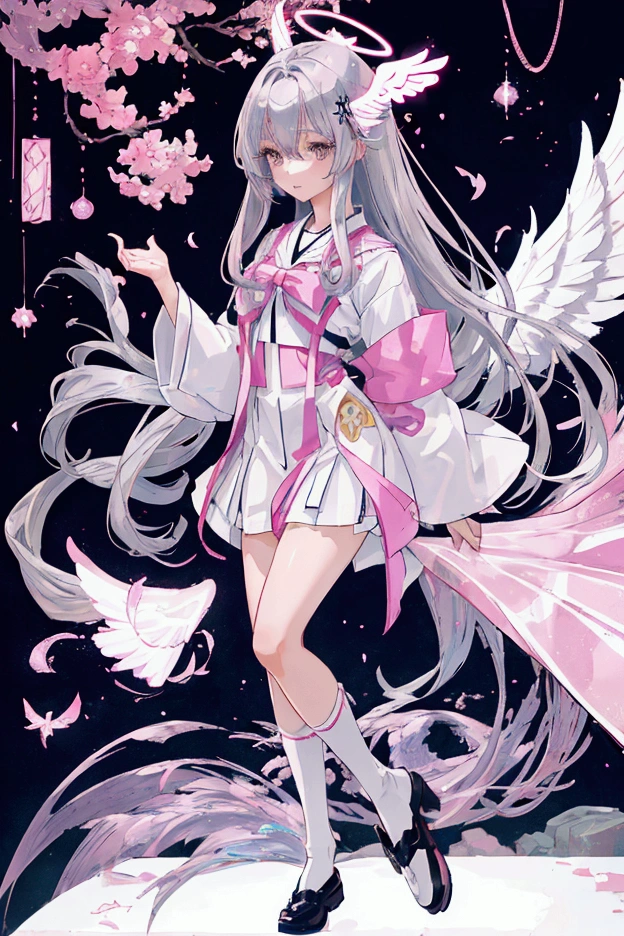 a beautiful girl with silver long hair, gray eyes. pink hair gradations, wearing an elegant shining modern Japanese school seifuku uniform, wearing black wings. and an angel halo overhead. Cool expression. Full body, school shoes and black stocking