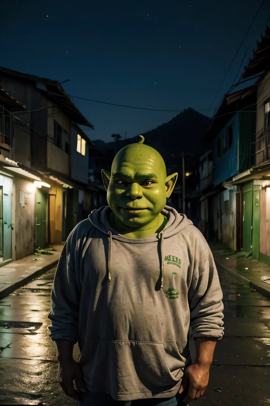 Create the character Shrek dressed as a homeless person SAD, melancholic, YOUR FACE EXPRESSES SADNESS, in a Brazilian favela at night
