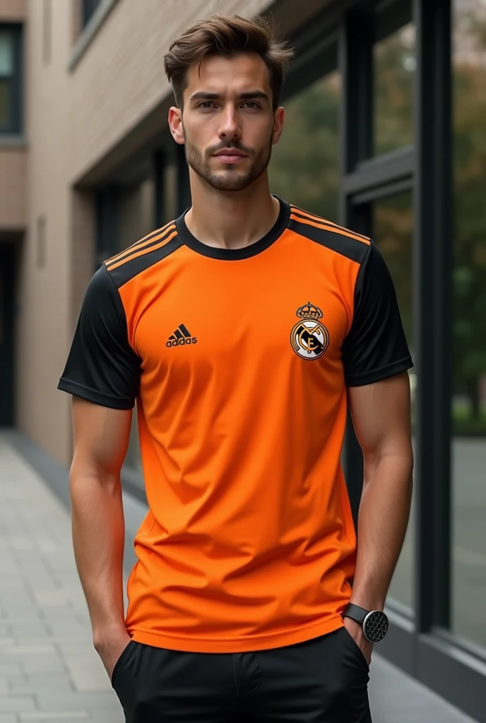 Orange and black t-shirt with grey details for law school inspired by the Real Madrid alternative shirt