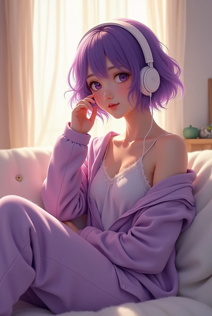 (photorealism:1.2), beautiful woman, white background, purple pajama, wearing headphone, purple pajama pants, short purpel hair, indoors, soft lighting, cozy room, sweet pose, realistic, intricate details, warm colors, by Greg Rutkowski, by Alphonse Mucha