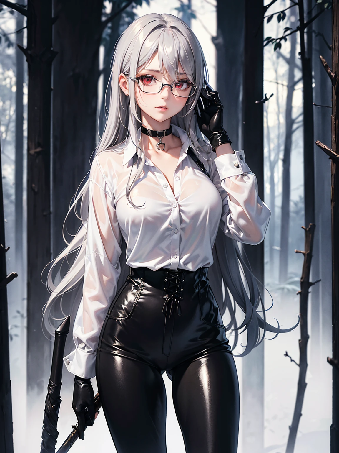 masterpiece, Superior image quality, High resolution, 4k image,photo and gross, photorealistic, whole body, 1 girl, standing, {{{vagina}}}, beautiful face, Long wavy silver hair, Red eyes, very detailed eyes, shy expression, Glasses, choker:1.6, (white long sleeve button down shirt with white collar), black gloves, gloves that cover hands, holding a spear in his hand, (black leather corset), (shiny black leggings), Sensual Lips, show details in the eyes, View from the front, looking at the viewer, Dark forest, fog, at night