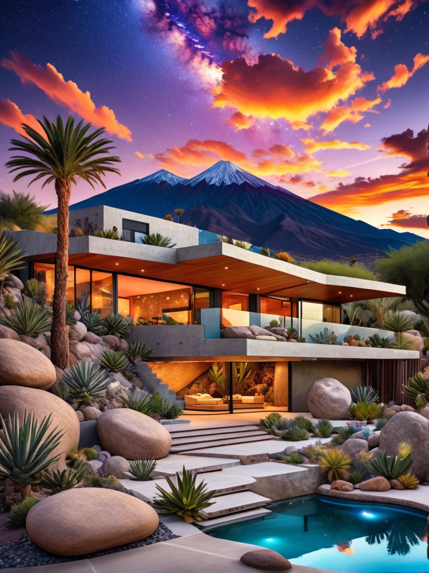 small and beautiful modern house in top of big boulders, terraces, pool, stairs, multiple cacti gardens, palms, trees, rocks, beautiful landscape design, mountains and volcano y background, amazing clouds, sun, moon, planets, milky way galaxy, concrete, wood, glass and steel materials, olive green, violet, orange and withe colors in facade