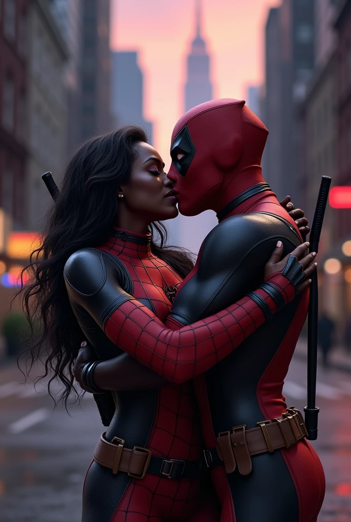 Deadpool version women black skin dominates kissing spider man black and red colors miles morales black skin in the new york city crépuscule