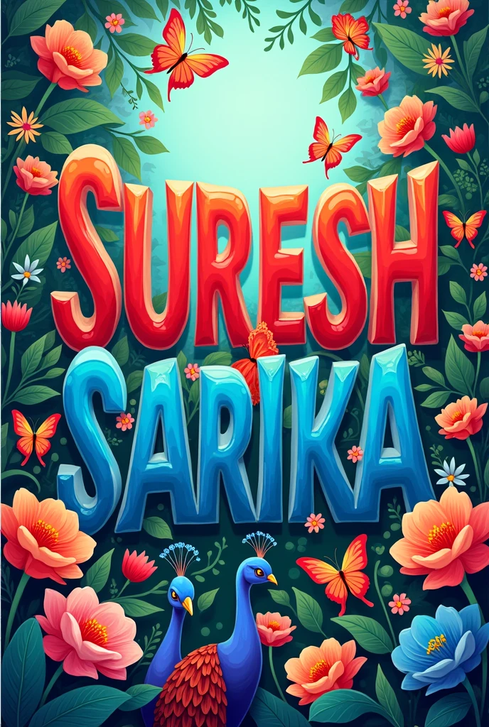 SURESH name with red color and SARIKA name with blue color flowers butterflies and peacocks background