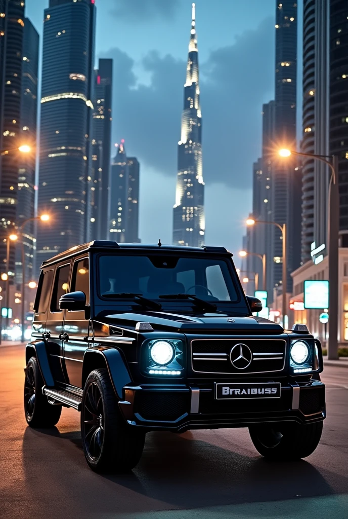 The image shows a luxury off-road vehicle, specifically a modified Mercedes-Benz G-Class, probably by Brabus, parked on a paved street in a modern, futuristic city. The car occupies most of the foreground of the image and is captured from a frontal angle slightly tilted to the right., which shows both the front and a bit of the side of the vehicle.
In the background, A nighttime cityscape with illuminated skyscrapers is seen, highlighting a very tall central building that appears to be the Burj Khalifa, the tallest building in the world located in Dubai. The sky is partly cloudy, with some blurred clouds that mix with the city lights. The street lamps and tall buildings add an atmosphere of modernity and luxury to the surroundings..
The angle of the image highlights both the car and the imposing skyscrapers, creating a contrast between the high-end vehicle and the modern architecture of the city at night.