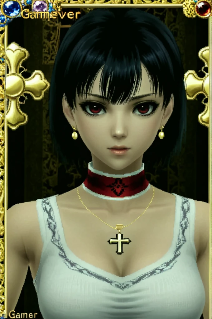 1girl,upper body,charming posing,close-up,cross necklace,female,PS2,PlayStation japan,low quality,rock and roll vibe,dark,mysterious,haunting,dramatic,ornate,PlayStation 2 graphics,PlayStation 1,ps1 style,Playation 1 Graphics,PS1 Game,short hair,black hair,hair between eyes,serious,red red scarf,