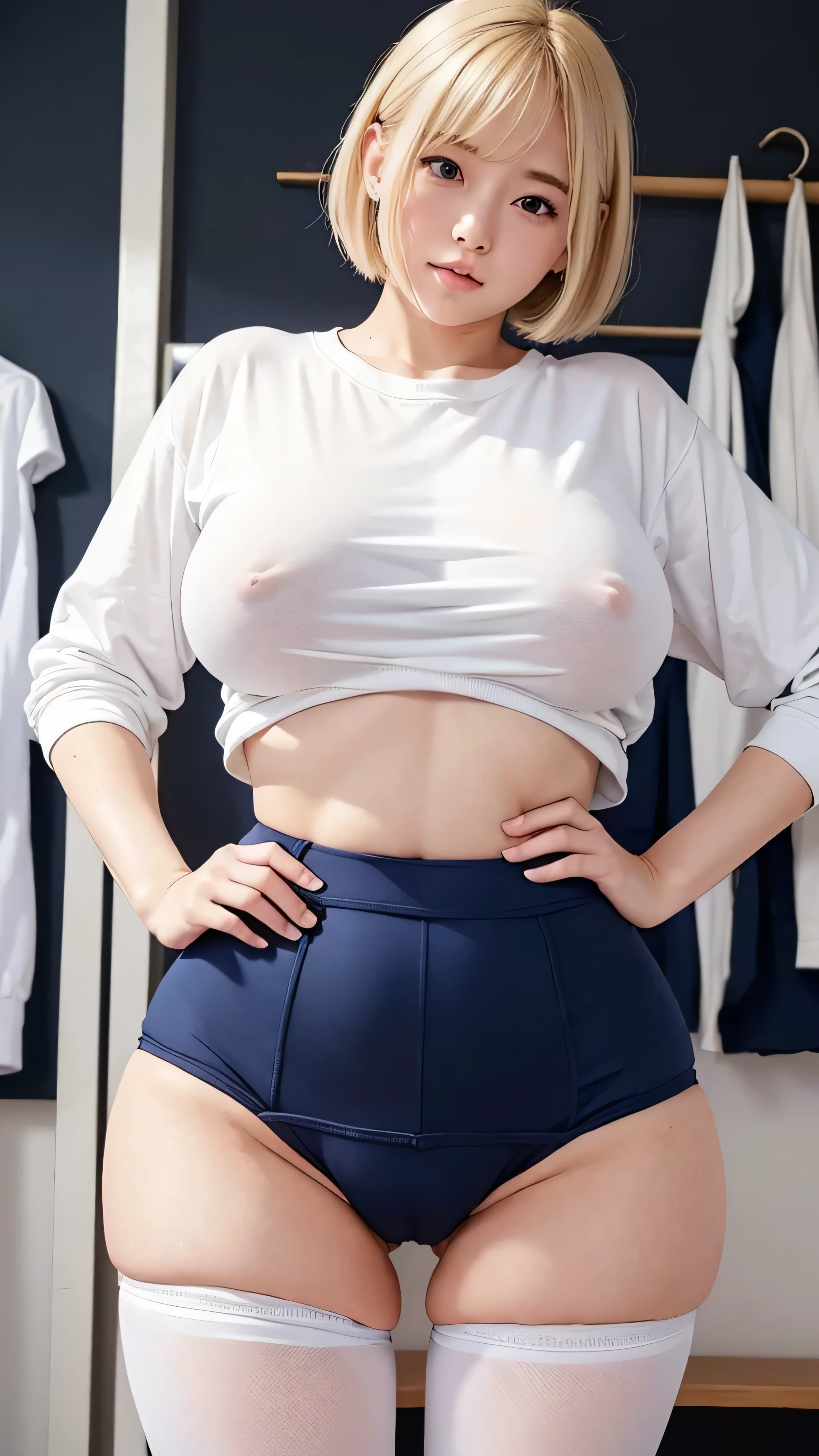 Heisei era、School-issued thick white gym clothes and navy blue bloomers、Camel Toe、Big Tits、Blonde、Short Hair、The ultimate sexual climax、Most beautiful、The most beautiful skin、White semen drips from the slit of the pussy of the thick navy blue bloomers she is wearing.、Very zoomed in