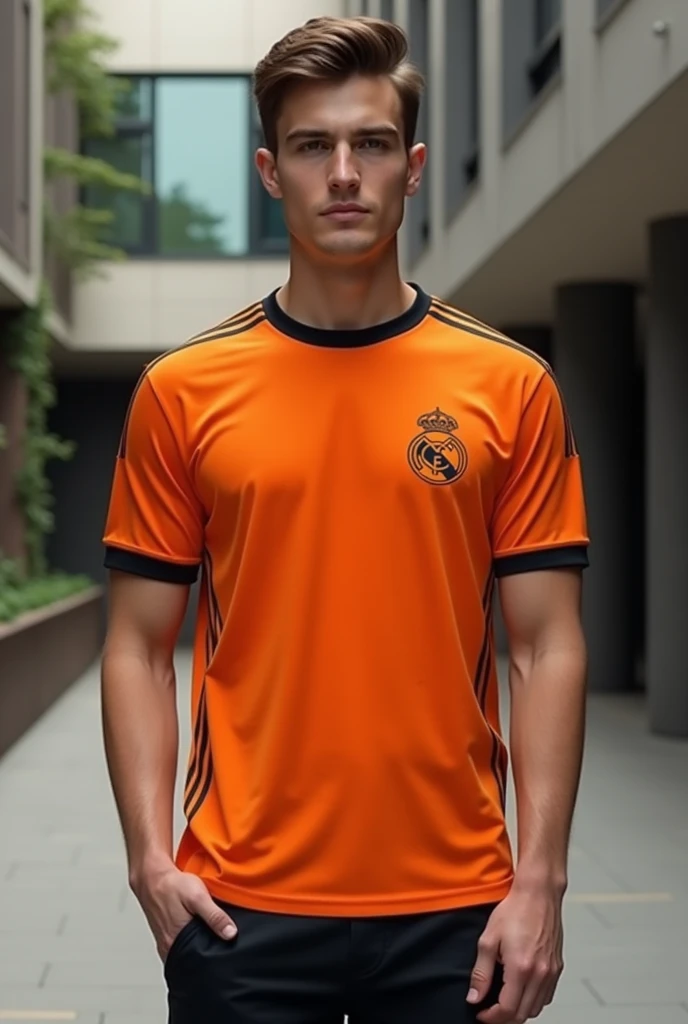Orange and black t-shirt with grey details for law school inspired by the Real Madrid alternative shirt