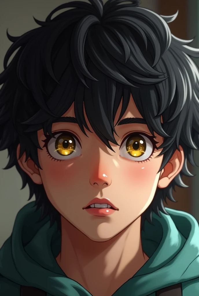 an 18 year old boy, with medium wavy black hair and yellow pupils.