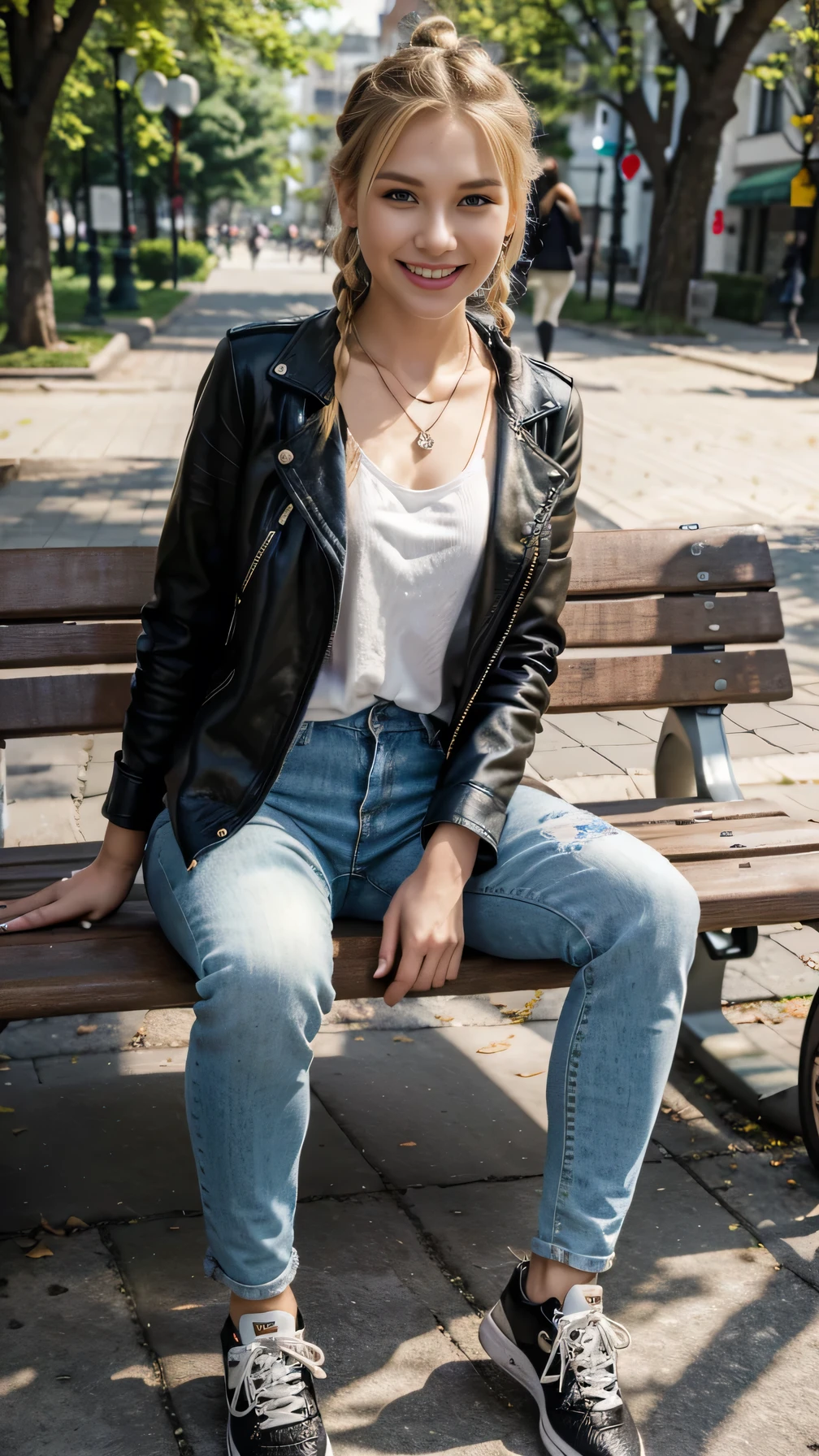 8k wallpaper, Beautiful Caucasian Woman、Full body photo、,sitting on a park bench、leather jacket、shirt、Skinny jeans、sneakers、、Necklace around the neck、 blonde 、Hairstyle braid、ear piercing、smile、Beautiful teeth alignment、
