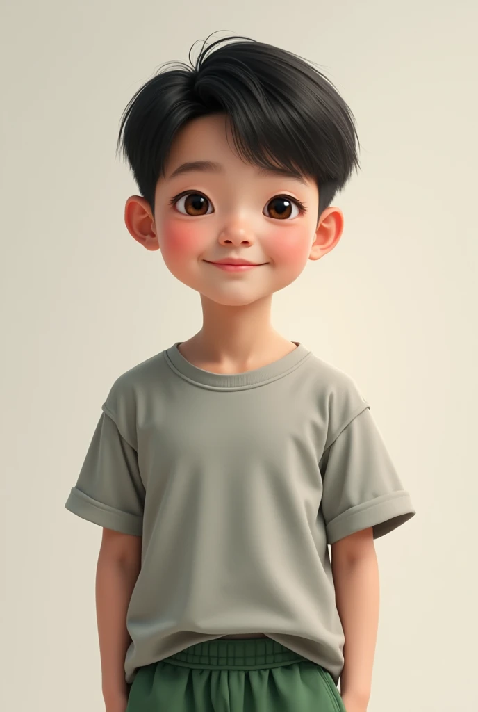 A Chinese boy in a grey shirt and green shorts