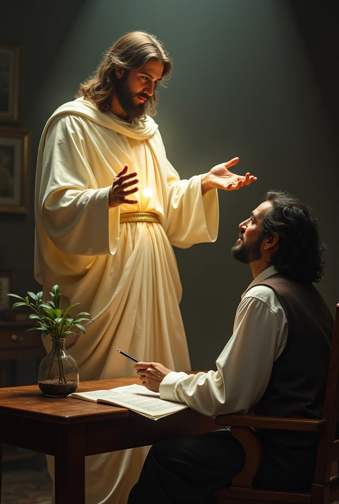 Jesus in spirit instructing Chico Xavier during psychography while Allan Kardec watches the scene standing next to Chico Xavier