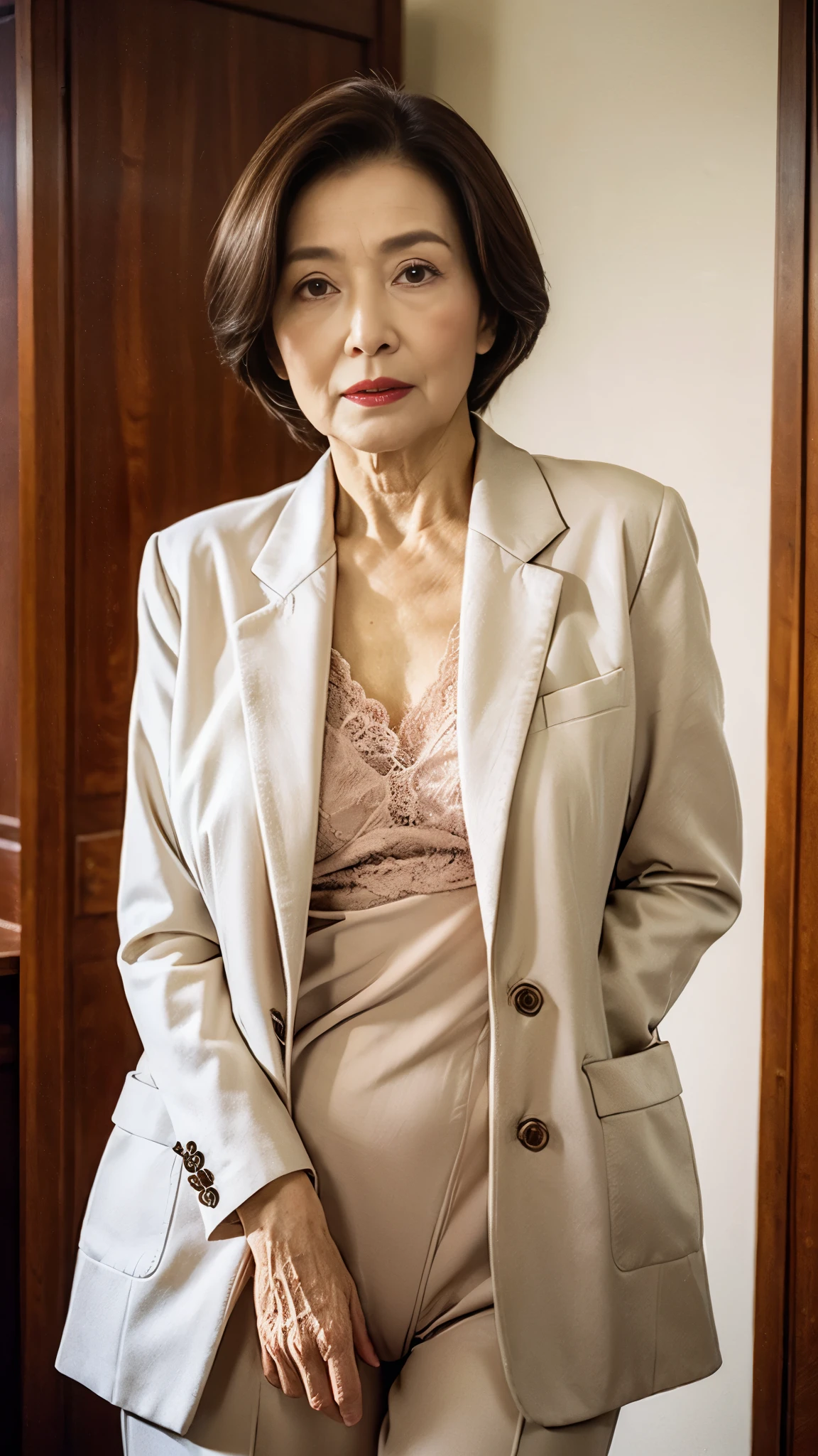 masterpiece, ((Depth of written boundary)), 32K, Beautiful finish, Face close-up, Beautiful mature woman, 80 years old, Photo of your ID, Business Person, board member, View from the front, Long face, A disdainful look, Cool look, Red lips, Thin lips, White innerwear, suit, Remove Background, Light from the front,