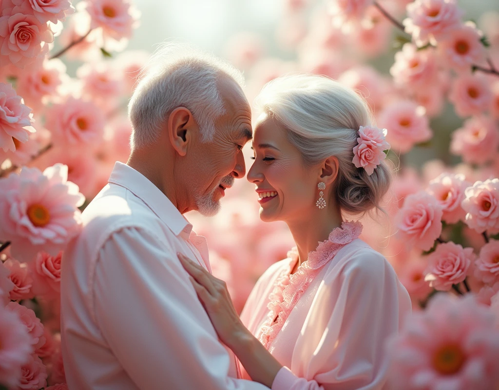 (Absurd,Ultra-high resolution,Very detailed),(Pink and white),old couple,Bust photo,Surrounded by flowers,Blurred flower background,(Blurred:1.3,Soft lighting:1.4,Cinematic Light:1.4)