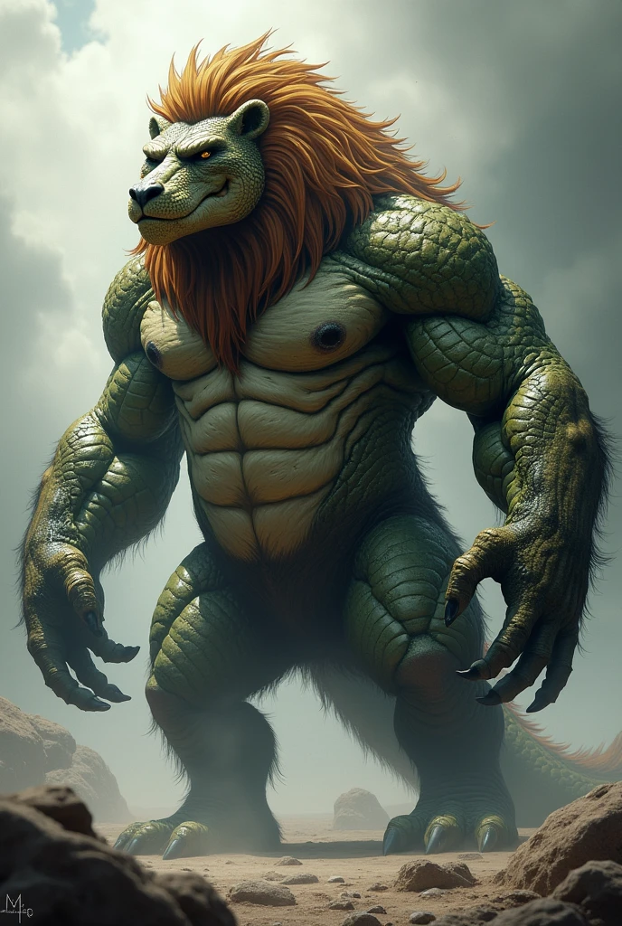 This majestic creature has the head of a crocodile, adorned with an imposing lion&#39;s mane, and a robust body that mixes the scaly texture of the crocodile with the powerful musculature of a bear.. He has four arms like a gorilla Anime style drawing 

