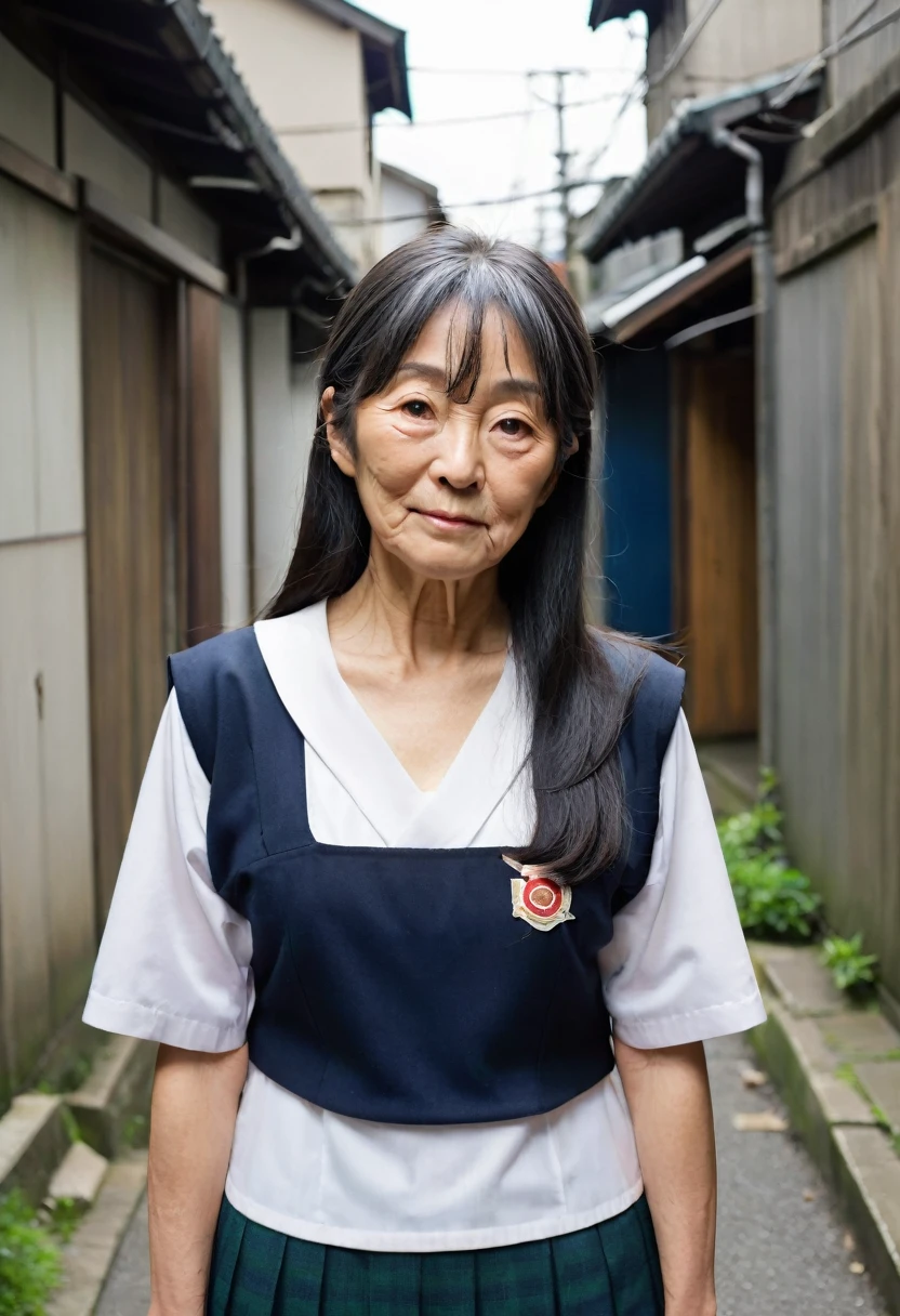 ((be familiar with)), ((Details of the face)), ((((In the back alley)))), ((((Japanese women)))), ((((65-years old)))), ((Black long hair)), ((Forehead)), ((((sagging droopy breasts)))), ((((fat body)))), ((Ugly Face)), (Nasolabial folds), ((Ugly)), ((Saggy cheeks)), (((school uniform))),