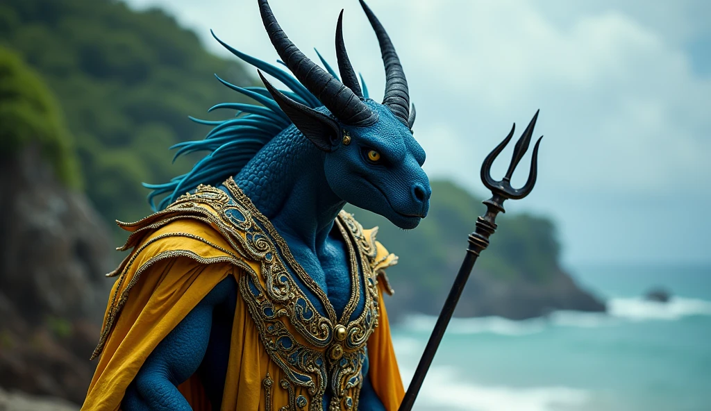 Barbados as a caribbean League of Legend creature in ultramarine blue and gold yellow. black trident-head. Intricated clothing. Cinematic Fantasy sci-fi landscape background