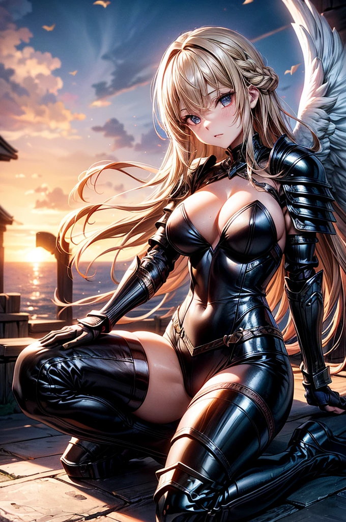 female archangel prepared for battle, an extremally beautiful warrior valkyre, ultra feminine, long hair, dark blonde hair, braided hair, wearing divine heavy armor, long leather boots, cleavage, big breasts, hiding hands, hands behind her back, (white armor: 1.2), full plate armor, (angel wings: 1.2) spread, angel wings on both sides of her back, posing for a picture, full body, floating mid-air, sunset, 16k, RAW, ultra wide shot, photorealism, depth of field, hyper realistic, 2.5 rendering, ray tracing