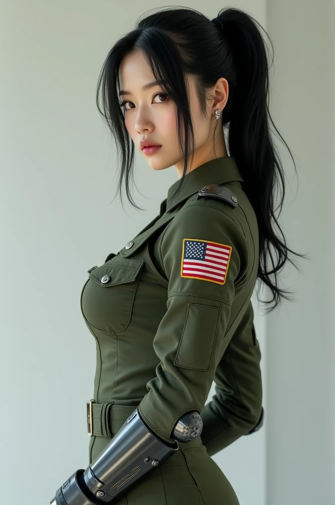 Beautiful young Asian woman, shoulder length black hair tied in a ponytail, sexy body, big breasts, wearing US military uniform, cybernetic arms, brown eyes with the right eye being cybernetic.